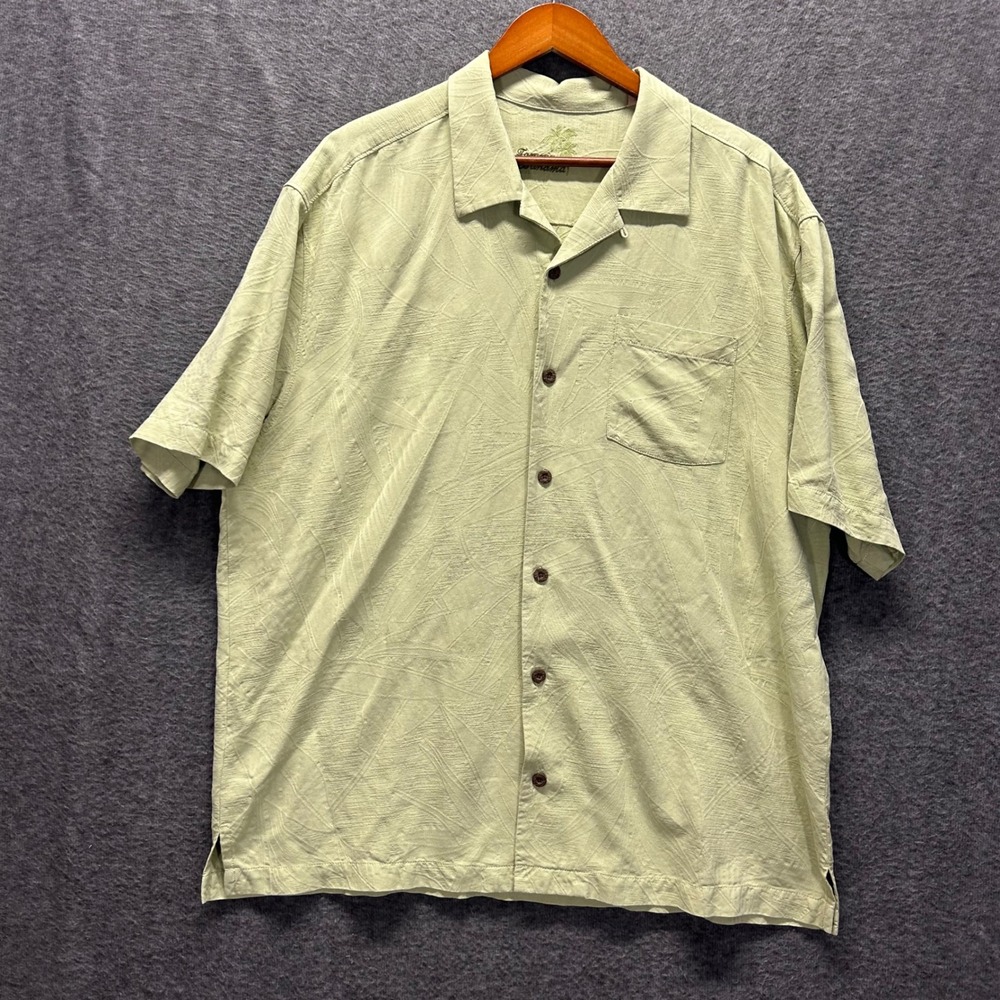 Tommy Bahama Mens XL Silk Camp Shirt Sage Green Jacquard Tropical Leaf Button Up